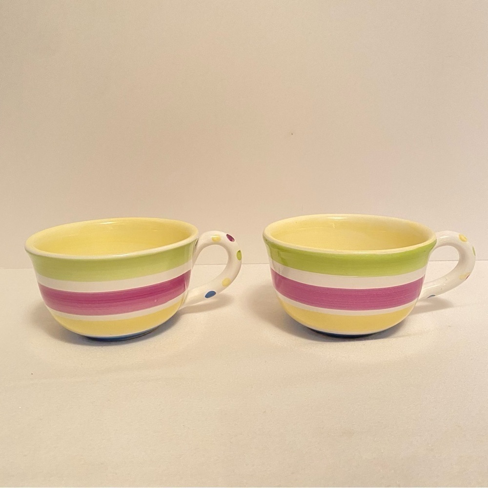 Bath & Body Works At Home Green/ Purple/ Yellow Stripe Ceramic Mugs Set Of 2
